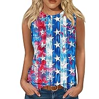 4th of July Tops for Women Star Stripes Tee Shirts Casual America Flag Round Neck Graphic Sleeveless Tee Tops