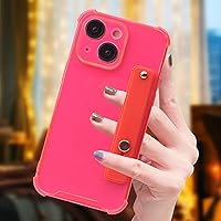 Compatible with iPhone 14 Case Clear, Clear Fluorescent Design Soft TPU Silicone Slim Shockproof Cover with Wristband Grip Holder Stand for iPhone 14 Women Girls, Neon Rose