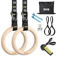 GHB Gymnastic Rings Wooden Gym Rings 1.25'' Training RingsAdjustable Numbered Straps Pull Up Rings Sets for Workout Bodyweight Fitness Training