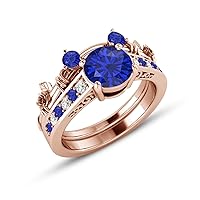1.5ct Blue Sapphire & CZ Diamond 2pcs 14K Rose Gold Finish Classic Look Mickey Mouse Engagement Ring Bridal Set for Jewelry