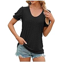 Women's Casual Elegant Dressy Blouse Eyelet V Neck Breathable Shirts Tops Summer Loose Fit Trendy Puff Sleeve Tunics
