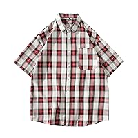 Men's Plaid Short Sleeve Shirt Casual Button Down Cuban Collar Beach Shirts Vintage Hawaiian Blouse Classic Summer Tops