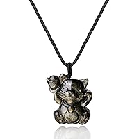 COAI Lucky Cat Obsidian Stone Pendant Necklace