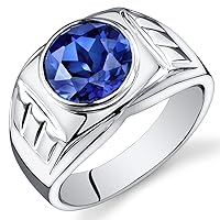 PEORA Men's Created Blue Sapphire Signet Ring 925 Sterling Silver, 5.50 Carats Round Shape 10mm, Sizes 8 to 10