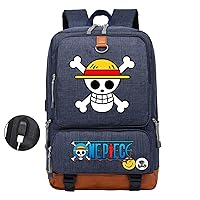 One Piece Cartoon Daypack with USB Charging Port-Lightweight Canvas Bookbag Large Capacity Travel Backpack