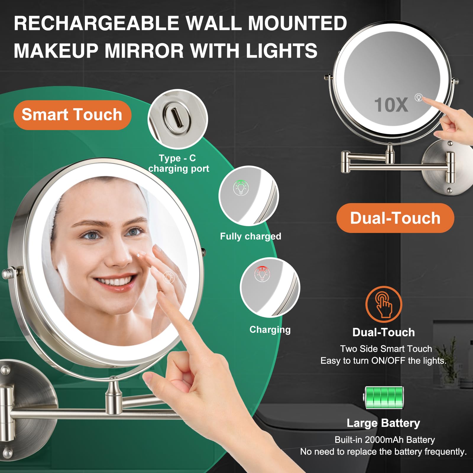 GREENFROM Rechargeable Wall Mounted Makeup Mirror Brushed Nickel, 8.5'' Magnifying Mirror with Lights Double-Sided 1X/10X 360° Rotation Extension Bathroom Shaving Mirror with Foldable Arm