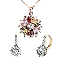Colorful Snowflake Pendant Necklace, Round Crystal Flower Pendant Earring Set,18k Rose Gold Plated Ladies with 5A Cubic Zirconia Christmas Jewelry Gift Birthday Gifts for Her