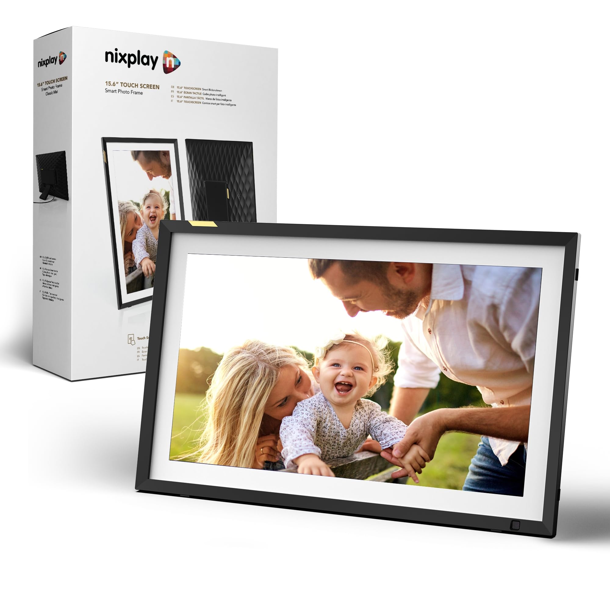 Nixplay Digital Touch Screen Picture Frame - 15.6” Photo Frame, Connecting Families & Friends (Black/White Matte)