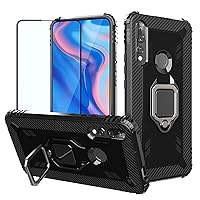 for Huawei Honor 9X / Y9 Prim 2019 /P Smart Z Case，Soft TPU Armor Heavy Duty Shockproof Protection Built-in 360 Rotatable Ring Magnetic Car Mount Case with Tempered Glass Screen Protector(Black)