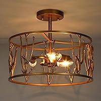 Antique Copper Drum Semi Flush Mount Ceiling Light, Modern Gold Close to Ceiling Light Fixture for Bedroom, Hallway, Kitchen, Dining & Living Room, Foyer and Bathroom