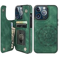 Vaburs Compatible with iPhone 13 Pro Case Wallet with Card Holder, Embossed Mandala Pattern Flower PU Leather Double Buttons Flip Shockproof Cover for Magnetic Car Mount 6.1 Inch (Green)