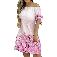 Dresses for Women 2024,Women Fashion Casual Summer Off Shoulder Print Dress Stripped Lace Up Short Sleeves Min