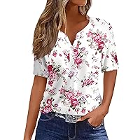 Summer Home Modern T Shirt Womans Short Sleeve Oversize Print V Neck Tunic Ladies Soft Slims Polyester Button Pink S