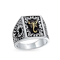 Personalized Men's Large Zodiac Horoscope Scorpion Signet Statement Ring For Men Black Two Tone Brass Patina Solid.925 Silver Handmade In Turkey Customizable
