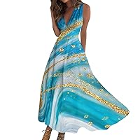 Midi Dresses for Women Summer Blue Women Long Maxi Swing Dress A Line Dress Print Sleeveless V Neck Dress