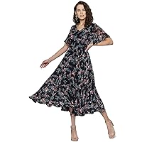 RARE Women's Georgette Fit and Flare Midi Casual Dress (EP6006_Navy Blue_X-Large)