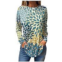 Womens Long Sleeve Tops Crew Neck Top Hide Belly Blouses Floral Print Tunic Pullover Trendy Floral Print Blouse