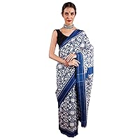 Star-White Pure Cotton Handloom Saree from Pochampally with All-over Ikat Weave and Contrast Border