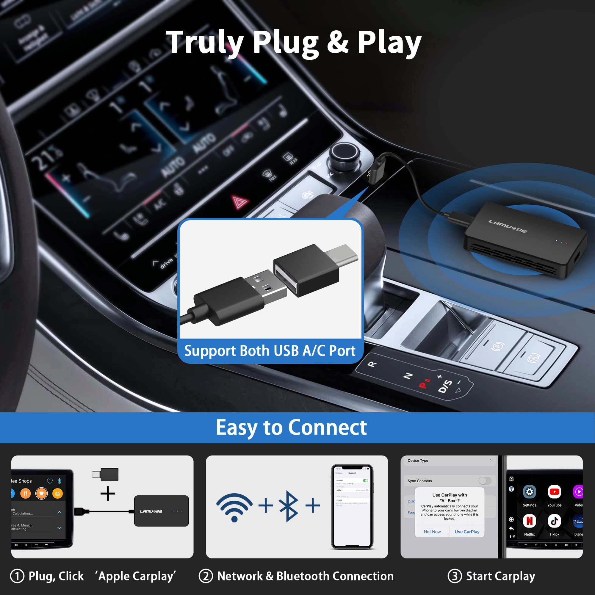 Wireless CarPlay Adapter, LAMVOSE The Magic Box Carplay Stream to Your Car for Apple CarPlay & Android Auto, Multimedia Video AI Box Convert Wired to Wireless Carplay Box, Plug & Play, Netfix, Youtube