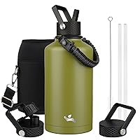 Insulated Water Bottle with Straw,87oz 3 Lids Water Jug with Carrying Bag,Paracord Handle,Double Wall Vacuum Stainless Steel Metal Flask,Forest Green