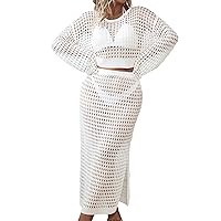 GORGLITTER Women's Plus Size 2 Piece Crochet Cover Ups Long Sleeve Knitted Hollow Out Skirt Set Beachwear