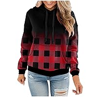 Plaid Printed Plush Hoodies for Women Casual Drawstring Sweatshirts Long Sleeved Hooded Sweater Going Out Hoodie