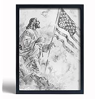 Black frame wall art Jesus art Jesus take American flag picture wall decorated Christian poster Black and white canvas wall art Modern living room bedroom bathroom decoration (black frame 9 * 11inch)