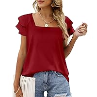 OFEEFAN Womens Summer Tops Ruffle Short Sleeve V Neck T-Shirts Casual Loose Fit