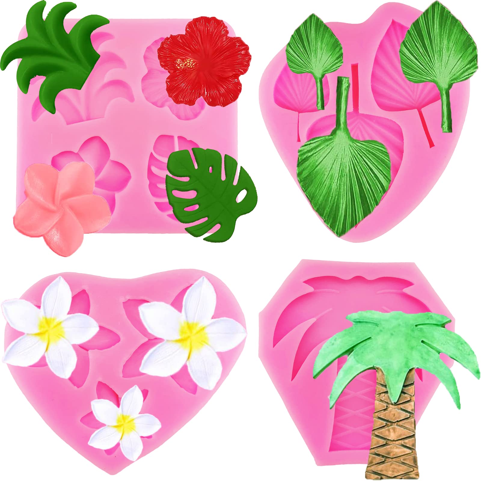 4 Pcs Tropical Flowers Leaves Mold Fan Leaf Fondant Mold Hibiscus Flower Monstera Leafage Palm Leaf Plumeria Flower Silicone Molds for DIY Chocolate Candy Cupcake Cake Topper Hawaiian Party Decoration