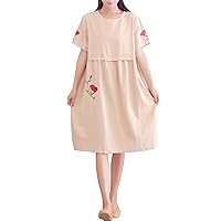 Women's Casual Loose Embroidered Flowers Summer Linen Cotton Midi Dresses
