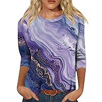 3/4 Length Sleeve Womens Tops 2024 Marble Print Vintage Fashion Loose Fit with Round Neck Summer Shirts