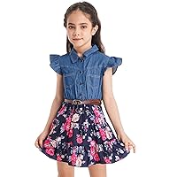 Kids Girls Denim Crop Tops Dress with Adjustable Belt Flutter Sleeve Floral Printed Swing Skirt Summer Casual Sundress