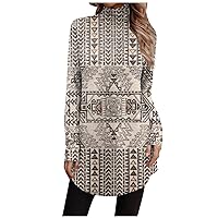 Womens Pullover Casual Turtleneck Blouses Retro Print Dressy Loose Fit Long Sleeve Shirts Fashion Tops