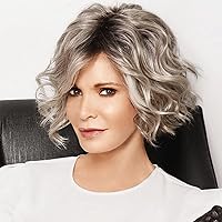Short Curly Pixie Wigs Ombre Grey Blonde Wigs for Women Wavy Pixie Cut Wigs Gray White Bob Wig Curly Short Hair Wig with Bangs Grandma Wigs for Women