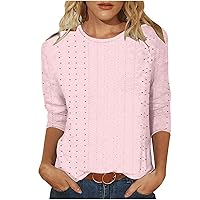 Women's Casual 3/4 Sleeve T-Shirts Round Neck Cute Tunic Tops Solid Color Basic Tees Blouses Loose Fit Pullover
