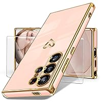 Dretal for Samsung Galaxy S24 Ultra 5G Case with Screen Protector, Women Girl Cute Girly Love-Heart Luxury Gold Soft Camera Protection Bumper Shockproof Phone Case for Galaxy S24 Ultra (Pink)