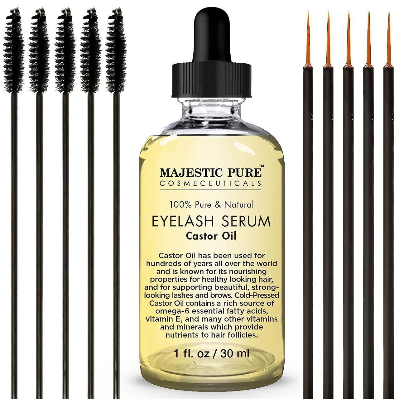 MAJESTIC PURE Castor Oil Eyelash Serum, Pure and Natural, Promotes Natural Eyebrows & Eyelash Growth, Free Set of Mascara Brush and Eyeliner Applicator - 1 fl oz