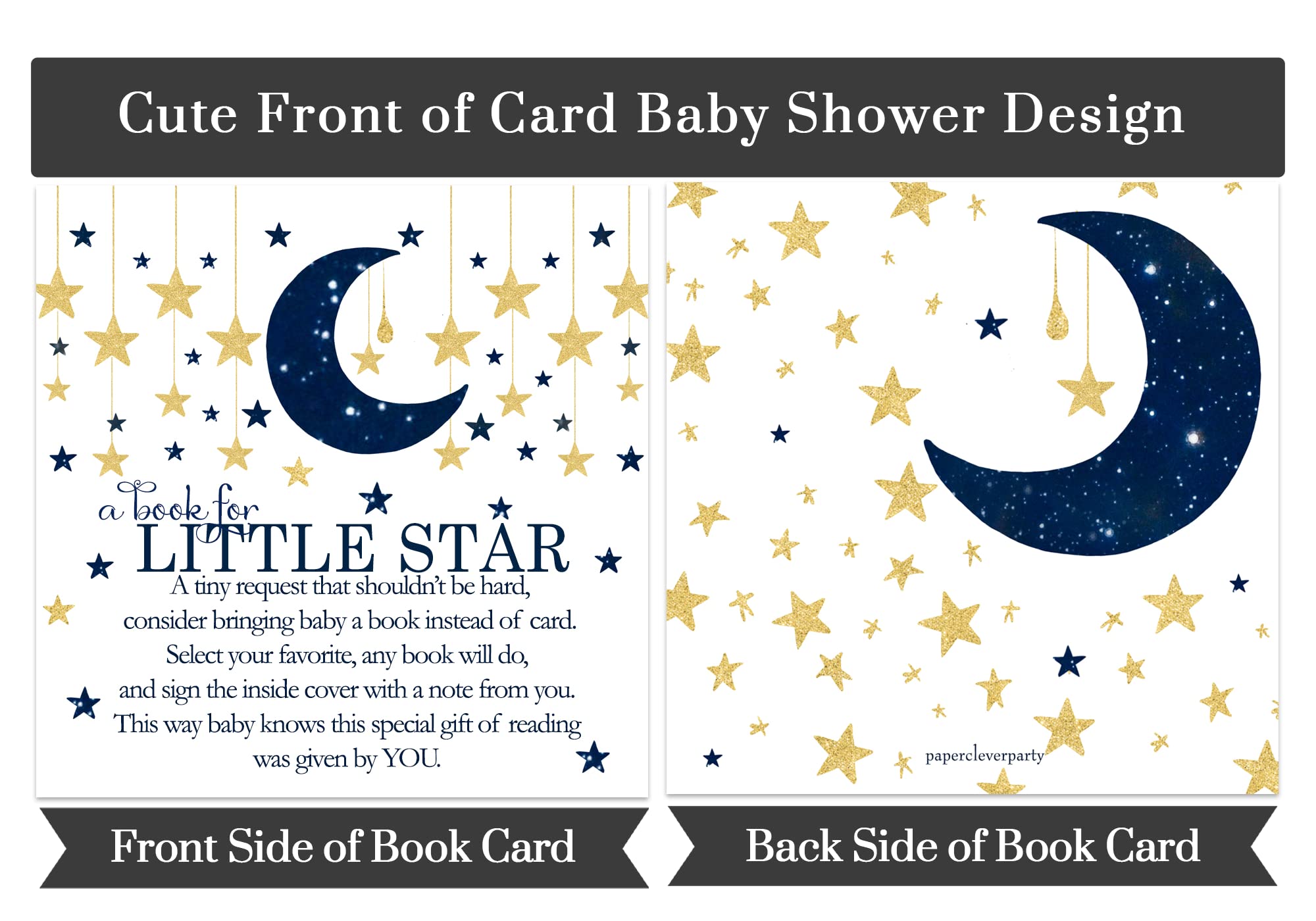 Paper Clever Party Twinkle Little Star Baby Shower Book Request Cards (25 Pack) Invitation Inserts Boys – Navy and Gold Moon
