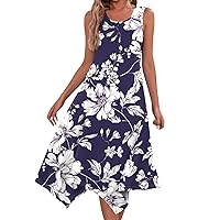 Sun Dresses Women Casual Dresses for Women Summer Floral Print Bohemian Flowy Swing with Sleeveless Round Neck Tunic Dress Navy XX-Large