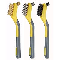 Amazon Basics Soft Grip Assorted Mini Brush Set, 1 Nylon, 1 Brass, 1 Stainless, Black, yellow