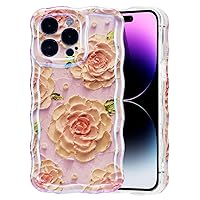 EYZUTAK Case for iPhone 14 Pro Max, Colorful Retro Oil Painting Peony Flower Leaf Laser Glossy Cute Curly Waves Edge Exquisite Phone Cover Stylish Durable TPU Protective Case for Women - Pink#4