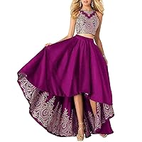Women's Hi-Low Formal Dresses Satin Lace A-Line Two Piece Prom Dresses with Pockets Fuchsia