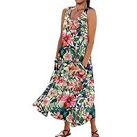 Women's Summer Dress 2024 Cotton Linen Crewneck Sleeveless Casual Dress Beach Vacation Flowy Sundress with Pockets