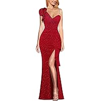 VFSHOW Womens Ruched Ruffle One Shoulder Strap Prom Formal Wedding Maxi Dress Sexy V Neck Split Cocktail Evening Long Gown