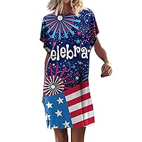 4th of July Women Batwing Short Sleeve T-Shirt Dress Summer American Flag Split Side Crewneck Casual Swing Dresses