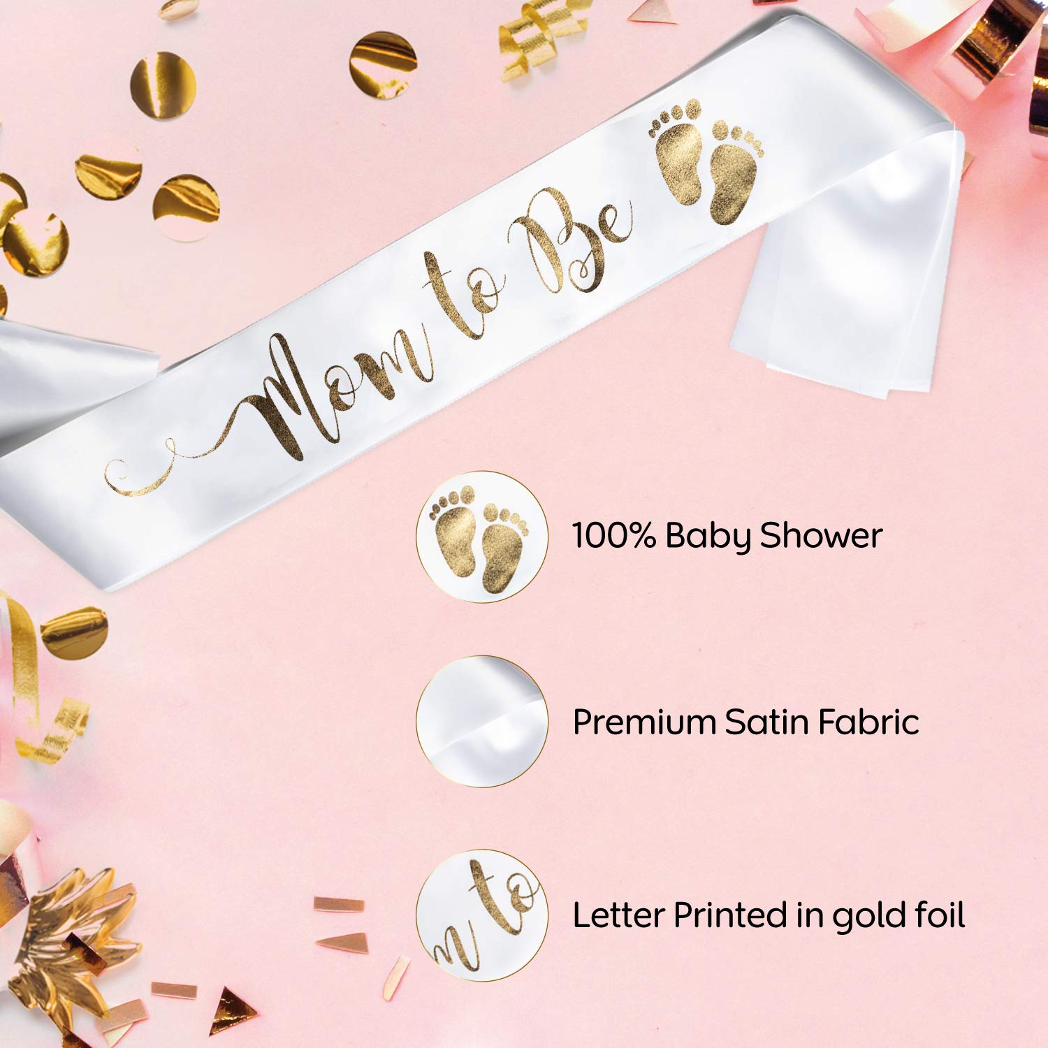 OLILLY Perfect White and Gold Mom to Be Sash - Enjoy Your Baby Shower (White and Gold)