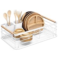 Navaris Dish Drainer Rack - Plate, Silverware, Pots and Pans Drying Rack for Kitchen with Beechwood Handles - Modern Retro Design Drip Tray - White