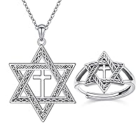 FLYOW Sterling Silver Star of David Cross Necklace Ring Band Jewelry for Women Men