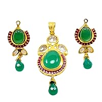 Silvesto India Emerald (Created) & Kundan Yellow Gold Plated Pendant & Earring Set-Stud Drop Jewelry Handmade Jewellery Manufacturer