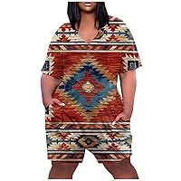 Plus Size Womens Fashion Ethnic Oversized Short Sleeve Rompers Summer V-Neck Causal T-Shirt Jumpsuits with Pockests